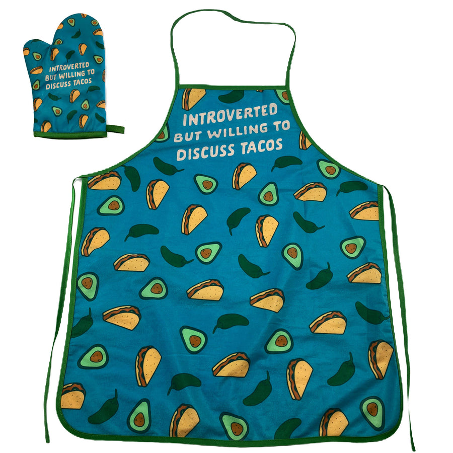 Funny Discuss Tacos Introverted But Willing To Discuss Tacos Oven Mitt + Apron Nerdy Food Tee