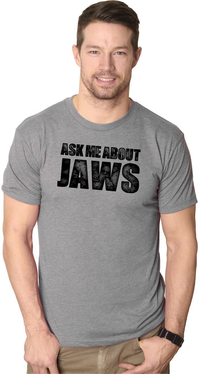 Funny Light Heather Grey Ask Me About Jaws Mens T Shirt Nerdy Shark Week TV & Movies Flip Tee