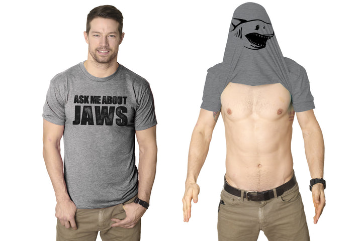 Funny Light Heather Grey Ask Me About Jaws Mens T Shirt Nerdy Shark Week TV & Movies Flip Tee