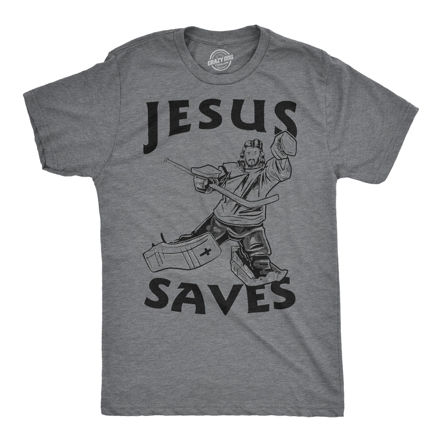 Funny Light Heather Grey Jesus Saves Hockey Mens T Shirt Nerdy Hockey Religion Tee