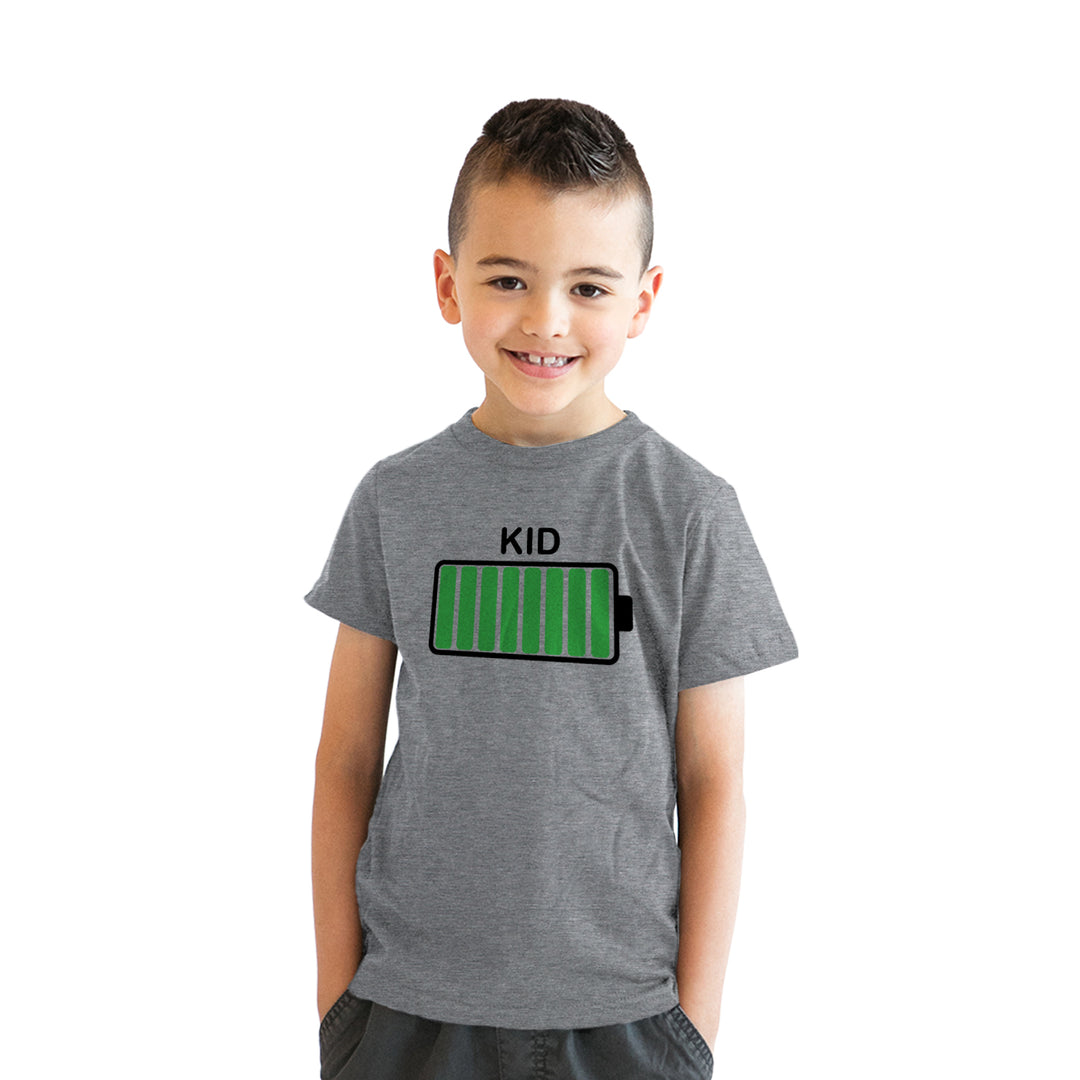 Funny Light Heather Grey Kid Battery Fully Charged Youth T Shirt Nerdy Tee