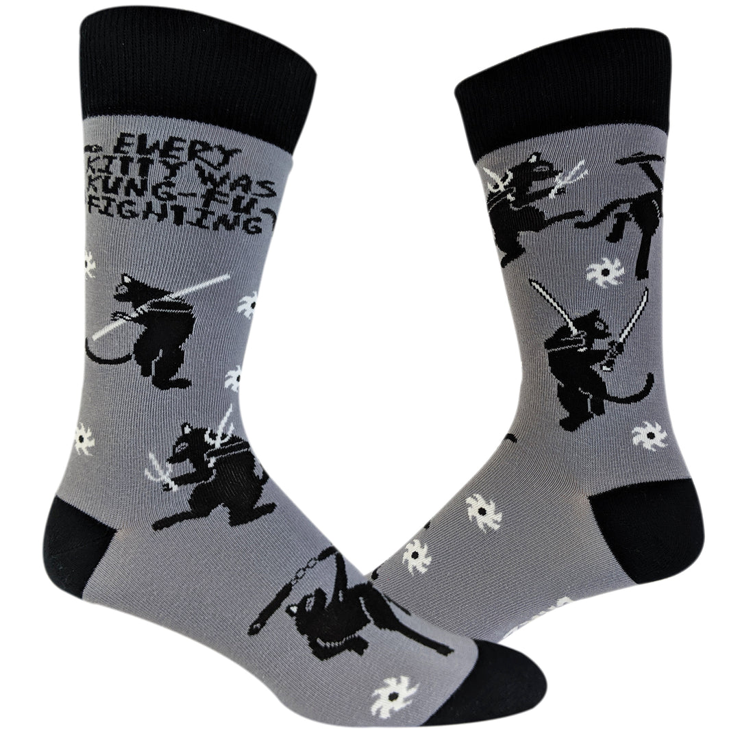 Funny Multi Mens Every Kitty Was Kung-Fu Fighting Sock Nerdy Ninja Cat Tee