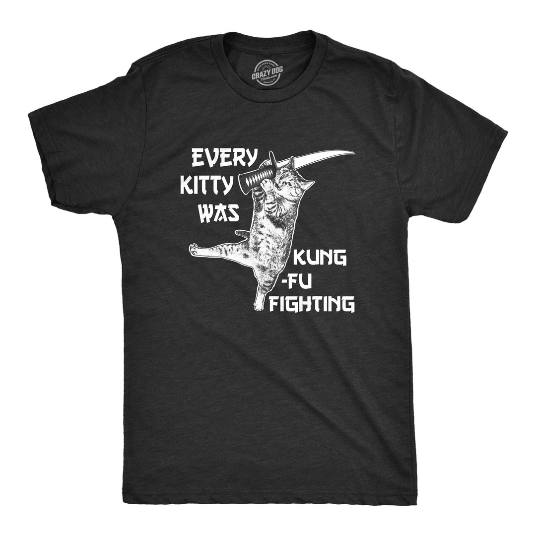 Funny Heather Black Every Kitty Was Kung Fu Fighting Mens T Shirt Nerdy Music Cat Tee