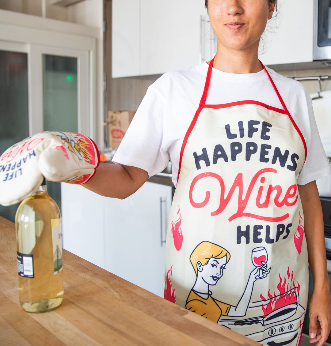 Life Happens Wine Helps Oven Mitt + Apron Bakeware