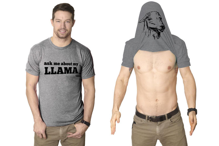 Funny Light Heather Grey Ask Me About My Llama Flip Mens T Shirt Nerdy Animal Flip Tee