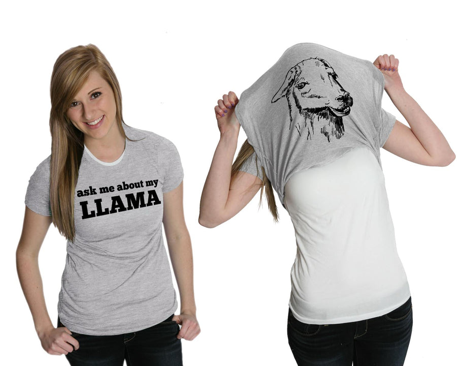 Funny Light Heather Grey Ask Me About My Llama Womens T Shirt Nerdy Flip animal Tee