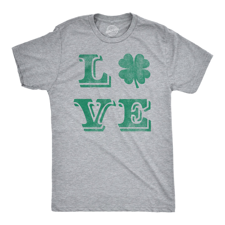 Funny Light Heather Grey LOVE Lucky Clover Mens T Shirt Nerdy Saint Patrick's Day Retro Tee