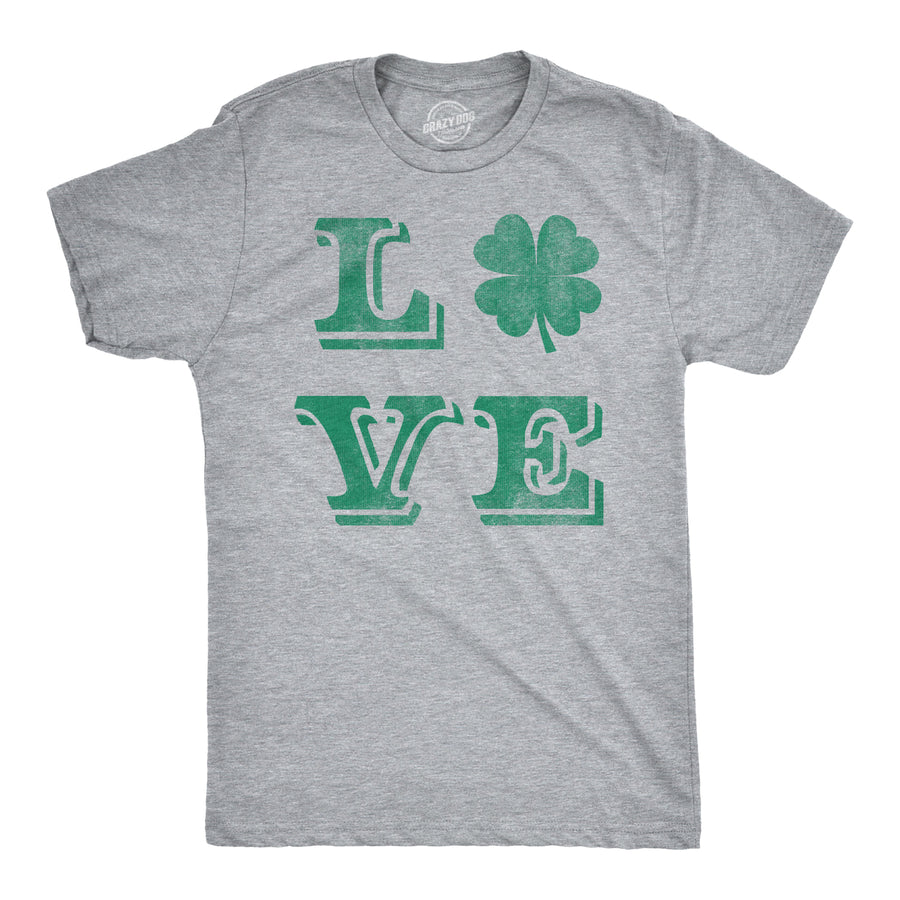 Funny Light Heather Grey LOVE Lucky Clover Mens T Shirt Nerdy Saint Patrick's Day Retro Tee