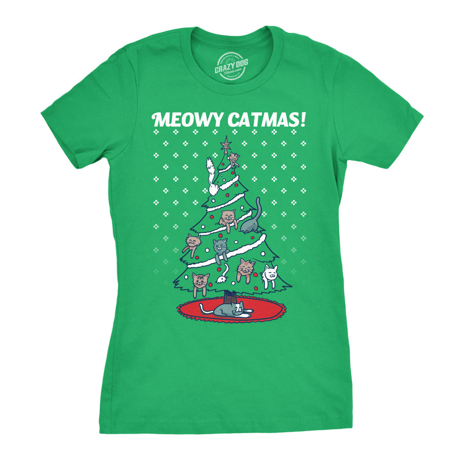 Funny Green Meowy Christmas Cat Tree Ugly Christmas Sweater Womens T Shirt Nerdy Christmas Ugly Sweater Cat Tee