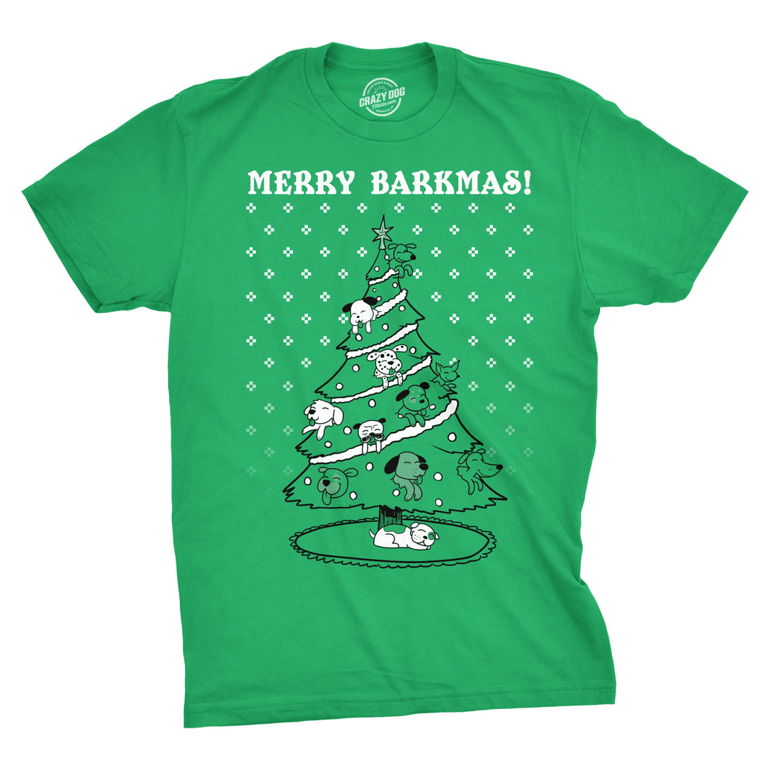 Funny Green Merry Barkmas Dog Christmas Tree Mens T Shirt Nerdy Christmas Dog Ugly Sweater Tee