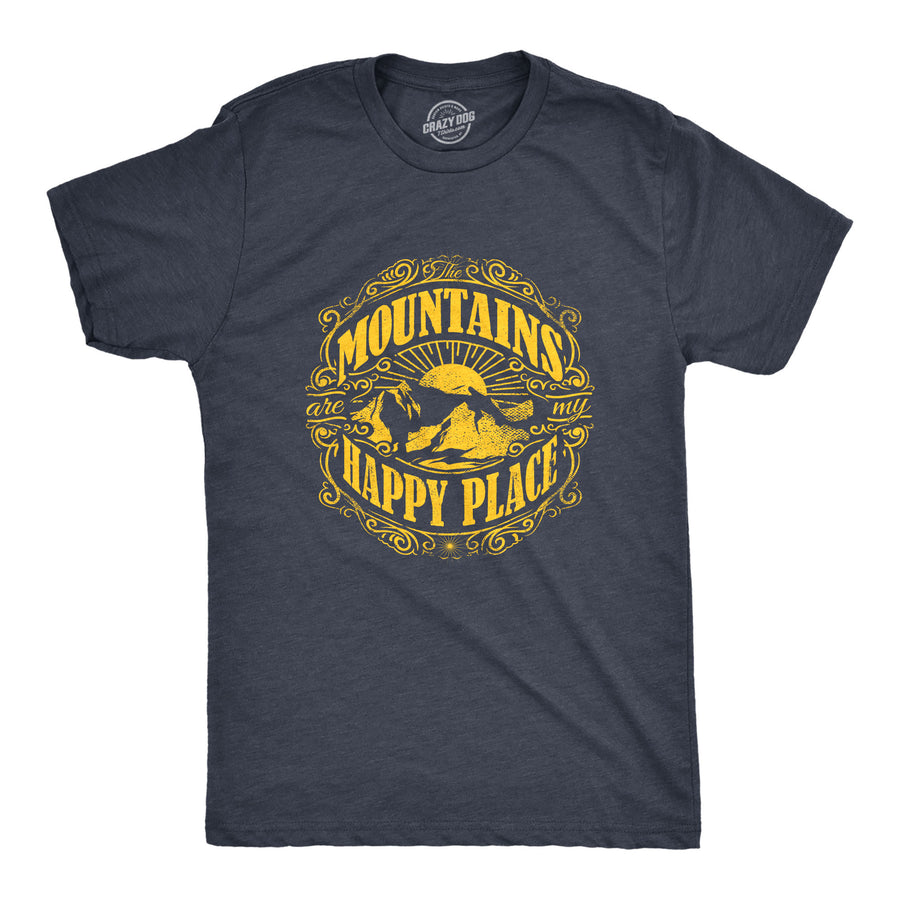 Funny Heather Navy Mountains Are My Happy Place Mens T Shirt Nerdy Camping Retro Tee