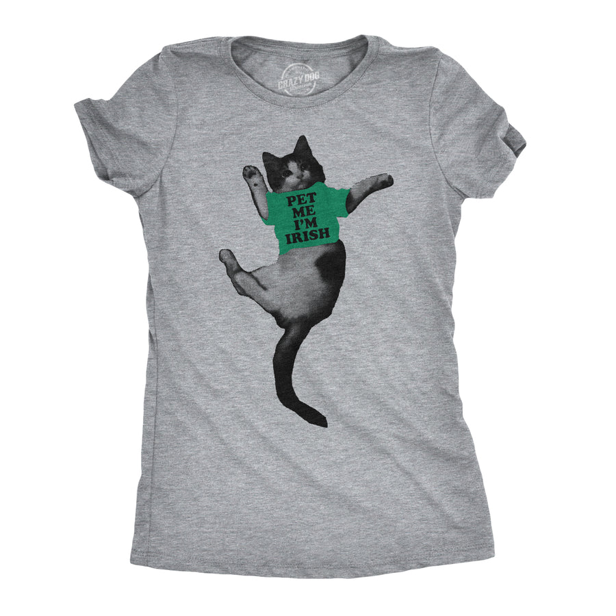 Funny Light Heather Grey Pet Me I'm Irish Womens T Shirt Nerdy Saint Patrick's Day Cat Tee