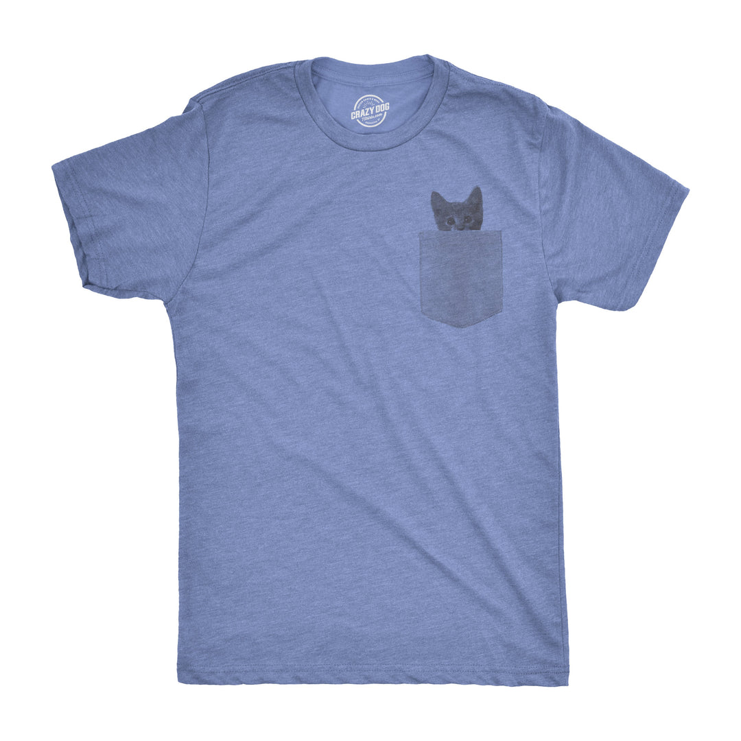 Funny Heather Light Blue Pocket Cat Mens T Shirt Nerdy Cat Tee