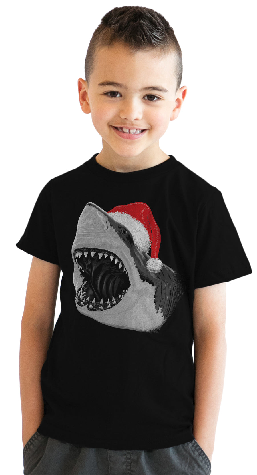 Funny Black Santa Jaws Youth T Shirt Nerdy Christmas Shark Week Tee