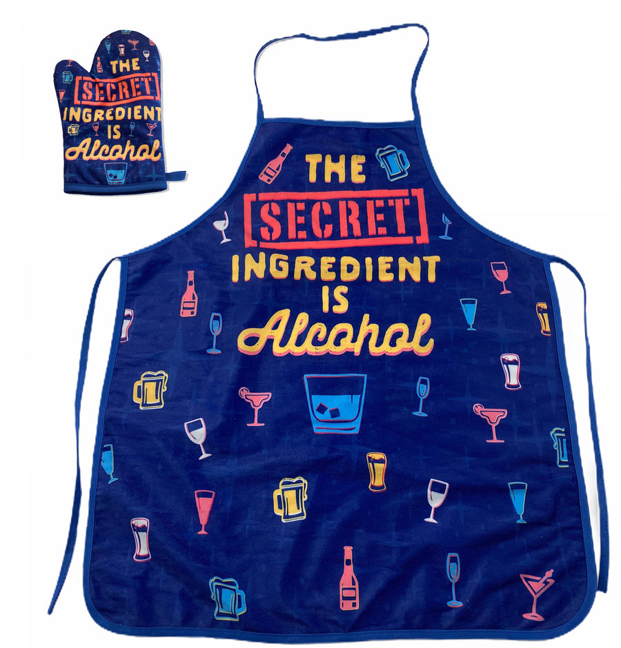 Funny Blue The Secret Ingredient Is Alcohol Oven Mitt + Apron Nerdy Drinking Tee