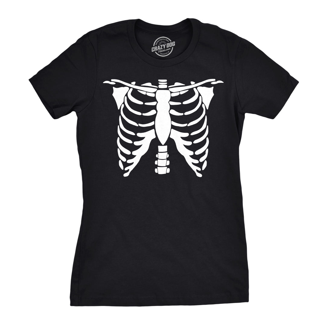 Funny Black White Skeleton Rib Cage Womens T Shirt Nerdy Halloween Tee