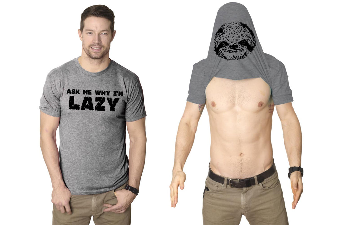 Funny Light Heather Grey Ask Me Why I'm Lazy Sloth Flip Mens T Shirt Nerdy Animal Flip Tee