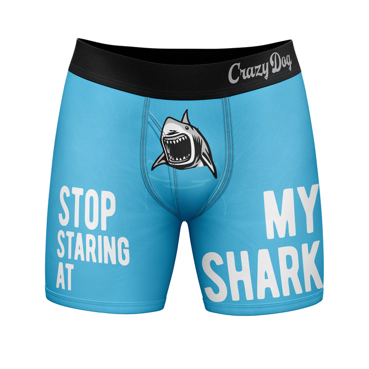 Funny Blue Stop Staring At My Shark Nerdy Shark Week Sarcastic Tee