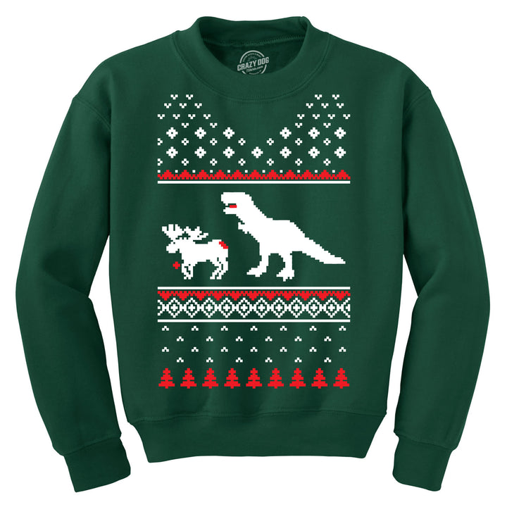 Funny Forest Green T-Rex Attack Sweatshirt Nerdy Christmas Dinosaur Ugly Sweater Tee