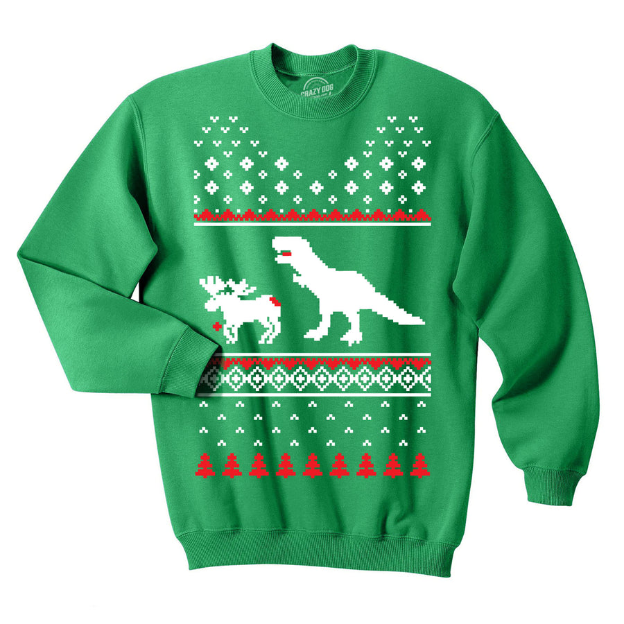 Funny Green T-Rex Attack Christmas Ugly Sweater Sweatshirt Nerdy Christmas Dinosaur Ugly Sweater Tee