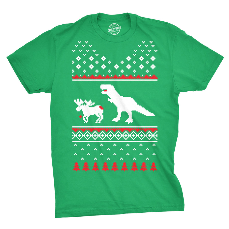 Funny Green T-Rex Attack Ugly Christmas Sweater Mens T Shirt Nerdy Christmas Dinosaur Ugly Sweater Tee