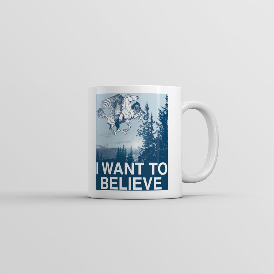 Funny White I Want To Believe Pegasus Coffee Mug Nerdy Sarcastic animal Tee