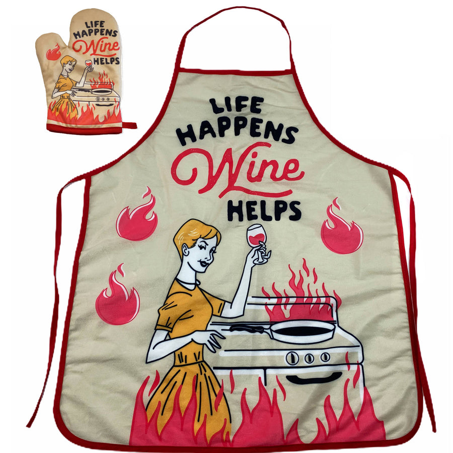 Funny Multi Life Happens Wine Helps Oven Mitt + Apron Nerdy Wine Tee