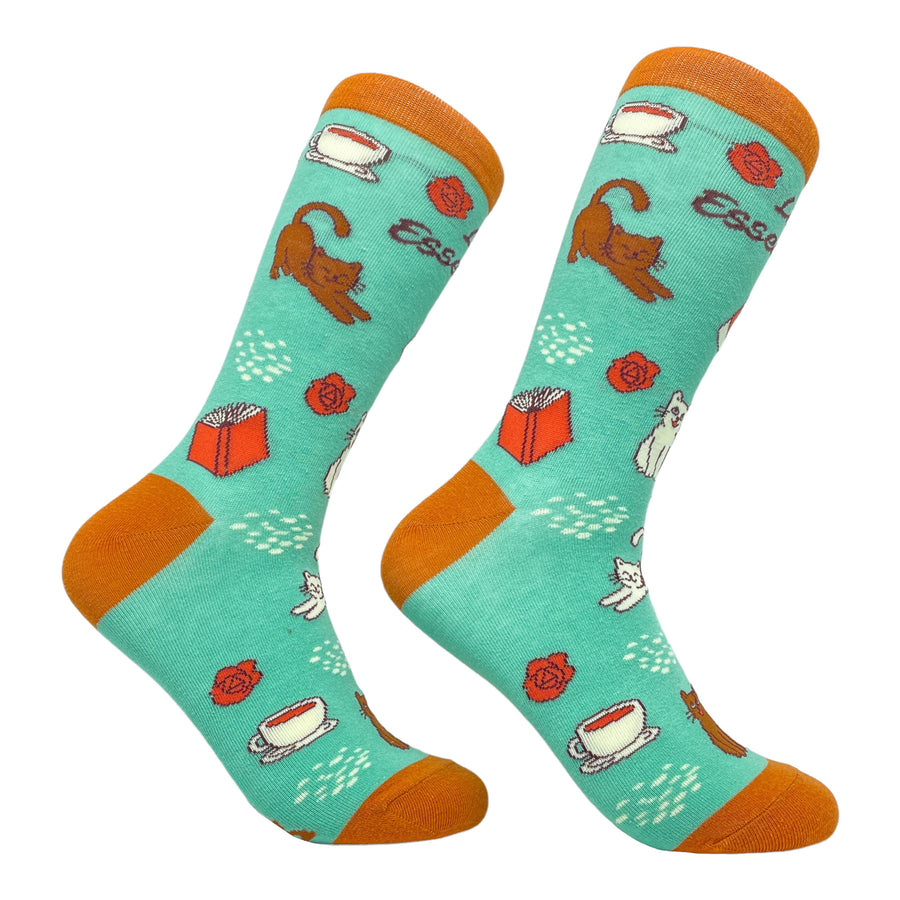 Funny Green Womens Cats Coffee Books Life Essentials Sock Nerdy Cat Coffee Tee