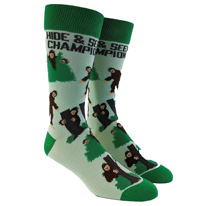 Youth Bigfoot Hide And Seek Champion  Funny Camping Sasquatch Knit Novelty Footwear Bigfoot Hide And Seek Champion Socks - Crazy Dog T-Shirts