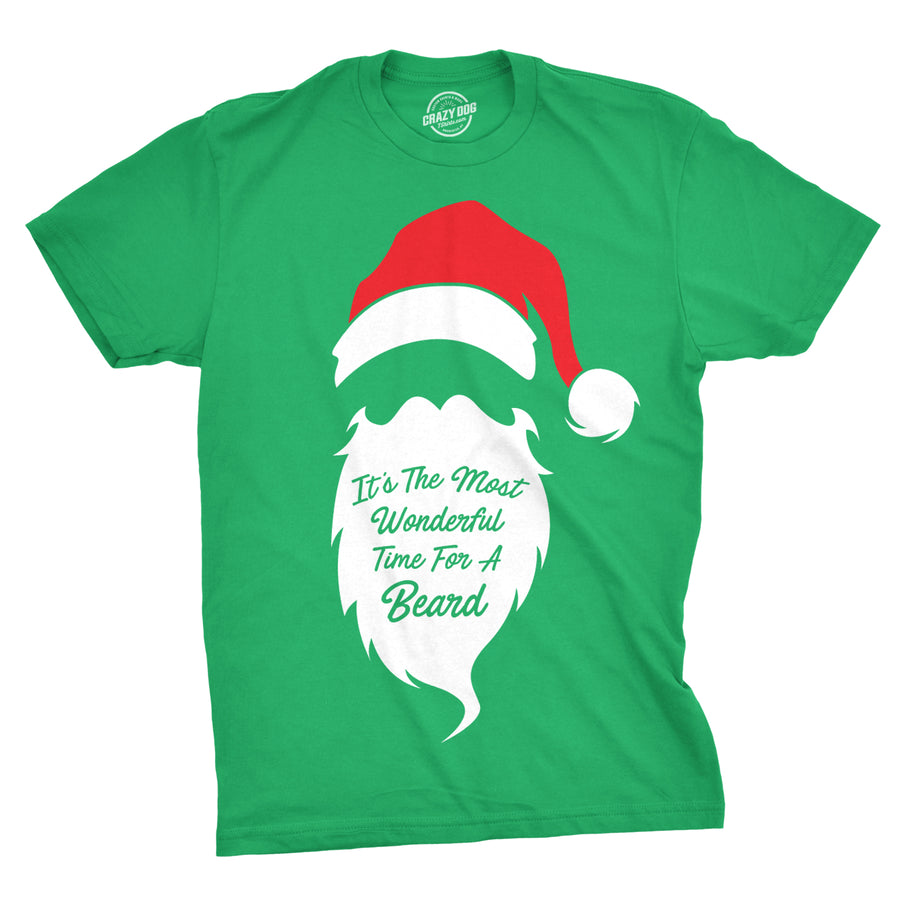 Funny Green Most Wonderful Time For a Beard Mens T Shirt Nerdy Christmas Tee